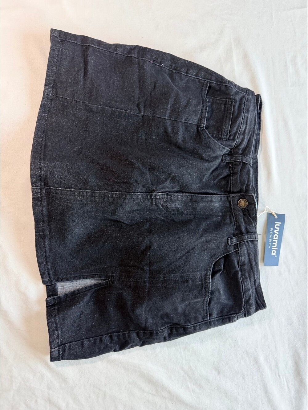 Luvamia Black Denim Mini Skort Built-In Shorts Front Slit Size L NWT